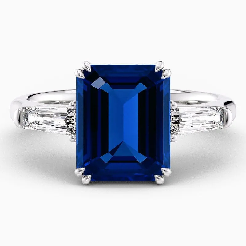 men’s wedding bands with sapphire center stones and diamonds-4.60 Carat Emerald Shape Three Stone Blue Sapphire Engagement Ring