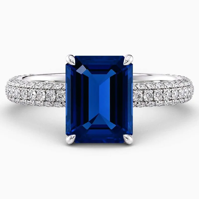 men’s wedding bands with diamonds and ruby center stones-4.70 Carat Emerald Shape Hidden Halo Blue Sapphire Engagement Ring