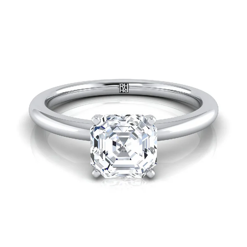 engagement rings with radiant diamonds and sapphire accents-14K White Gold Asscher Cut  Round Comfort Fit Claw Prong Solitaire Engagement Ring