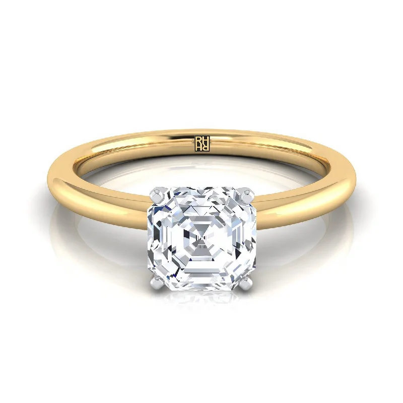 men’s rings with diamond pave and sapphire inlays-14K Yellow Gold Asscher Cut  Round Comfort Fit Claw Prong Solitaire Engagement Ring