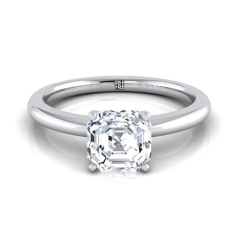 engagement rings with radiant-cut sapphires and diamonds-14K White Gold Asscher Cut  Round Comfort Fit Claw Prong Solitaire Engagement Ring