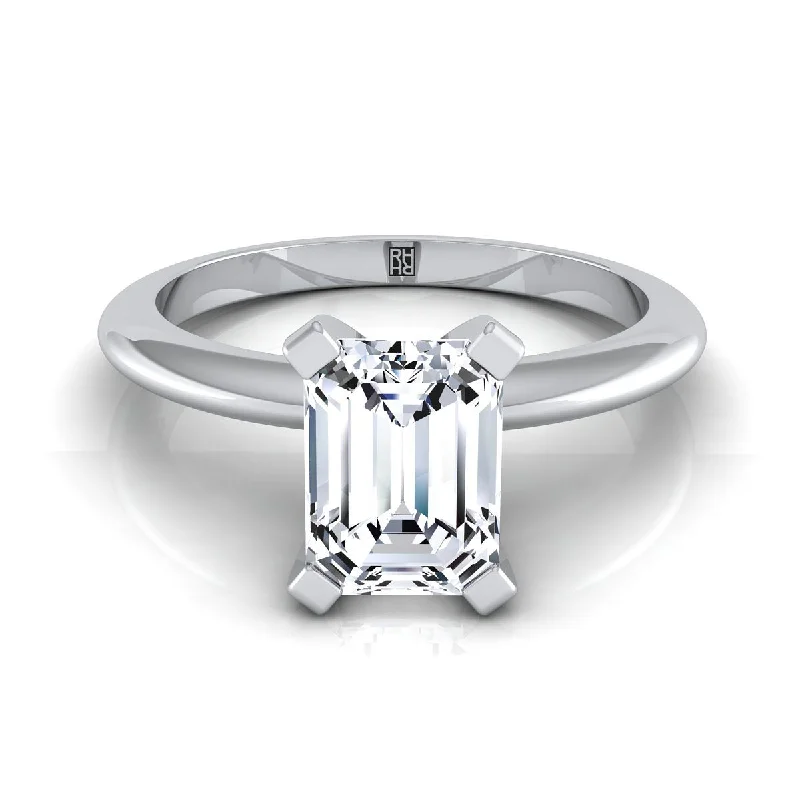 women’s engagement rings with emerald center stones and diamonds-14K White Gold Emerald Cut  Classic Low Base Solitaire Engagement Ring