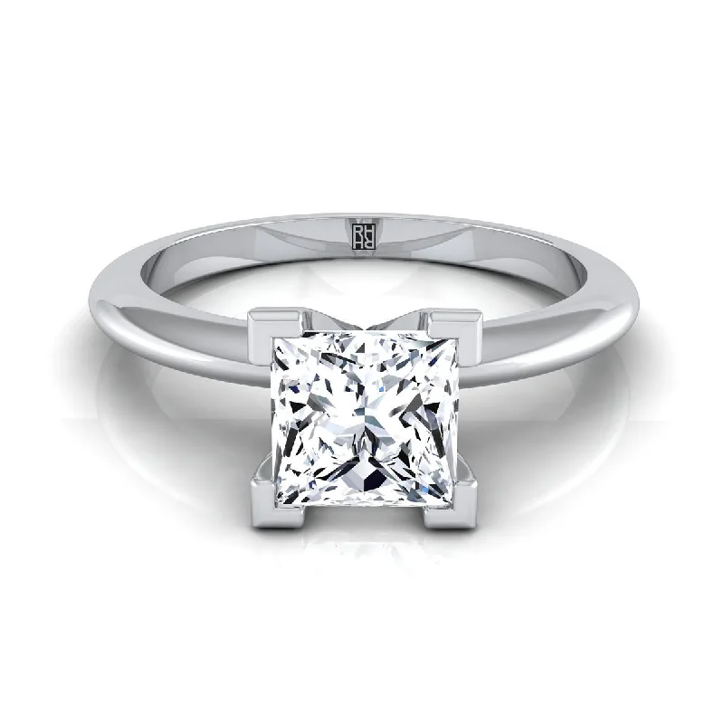 men’s rings with square sapphires and pave diamonds-14K White Gold Princess Cut  Classic Low Base Solitaire Engagement Ring