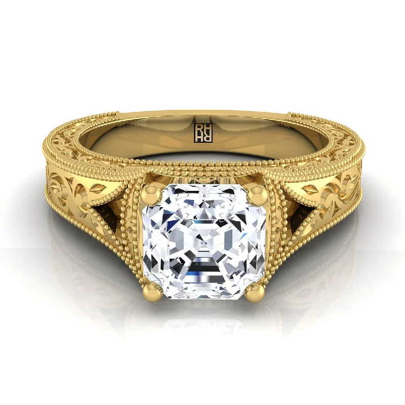 women’s engagement rings with diamond center stones and sapphire bands-14K Yellow Gold Asscher Cut  Hand Engraved and Milgrain Vintage Solitaire Engagement Ring