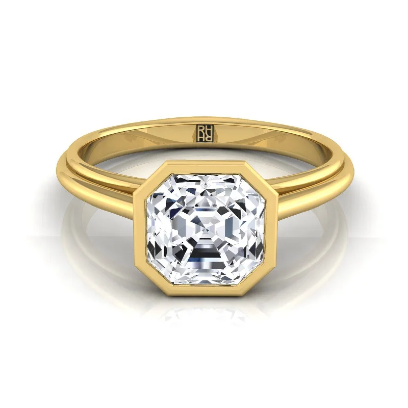 engagement rings with cushion-cut sapphires and diamonds-14K Yellow Gold Asscher Cut  Bezel Halo Cathedral Solitaire Engagement Ring