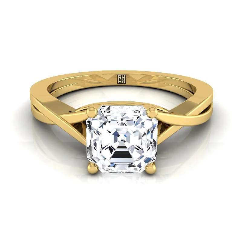 men’s wedding bands with emerald-cut sapphires and diamonds-14K Yellow Gold Asscher Cut Delicate Twist Solitaire Engagement Ring