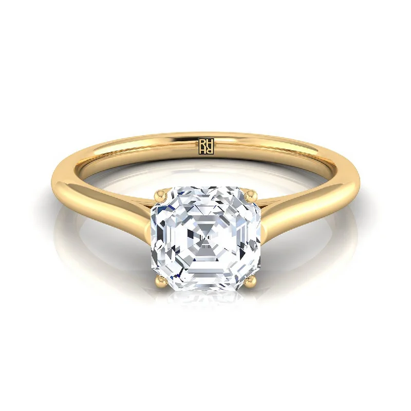 engagement rings with cushion-cut diamonds and sapphire halos-14K Yellow Gold Asscher Cut  Cathedral Style Comfort Fit Solitaire Engagement Ring