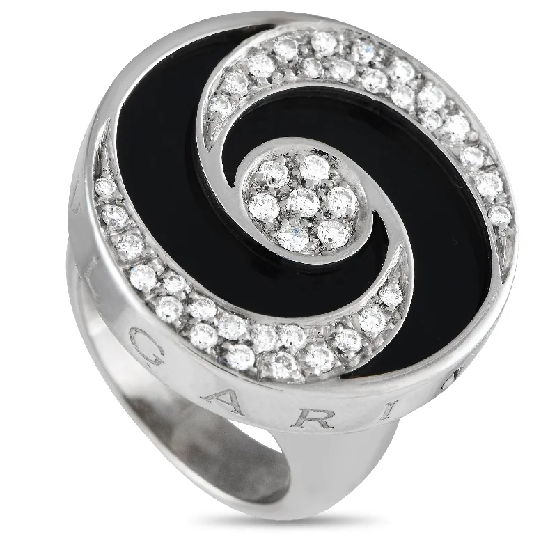 engagement rings with cushion-cut diamonds and sapphire halos-Bvlgari Hypnotique 18K White Gold and Stainless Steel Diamond and Onyx Ring BV15-111524