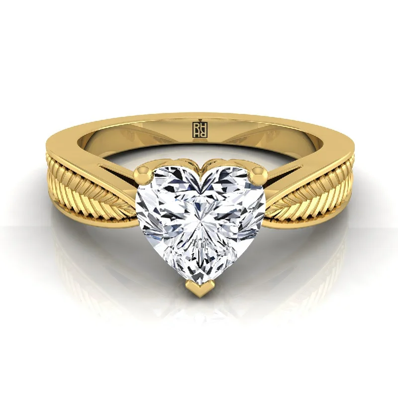 women’s engagement rings with princess-cut diamonds and sapphires-14K Yellow Gold Heart Shape Center Vintage Inspired Leaf Pattern Pinched Solitaire Engagement Ring