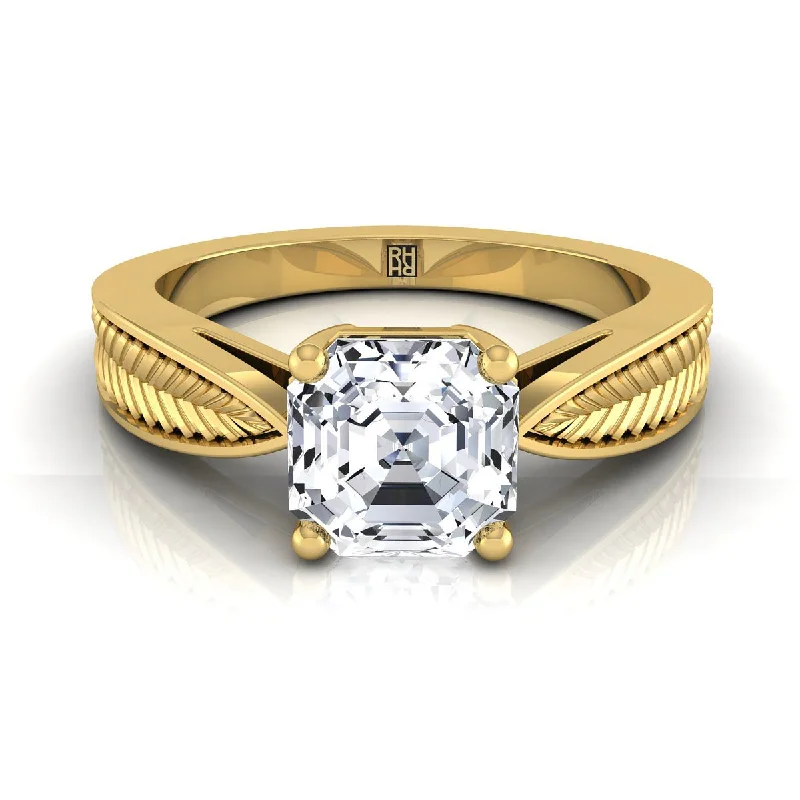 engagement rings with round diamonds and sapphire accents-14K Yellow Gold Asscher Cut Vintage Inspired Leaf Pattern Pinched Solitaire Engagement Ring