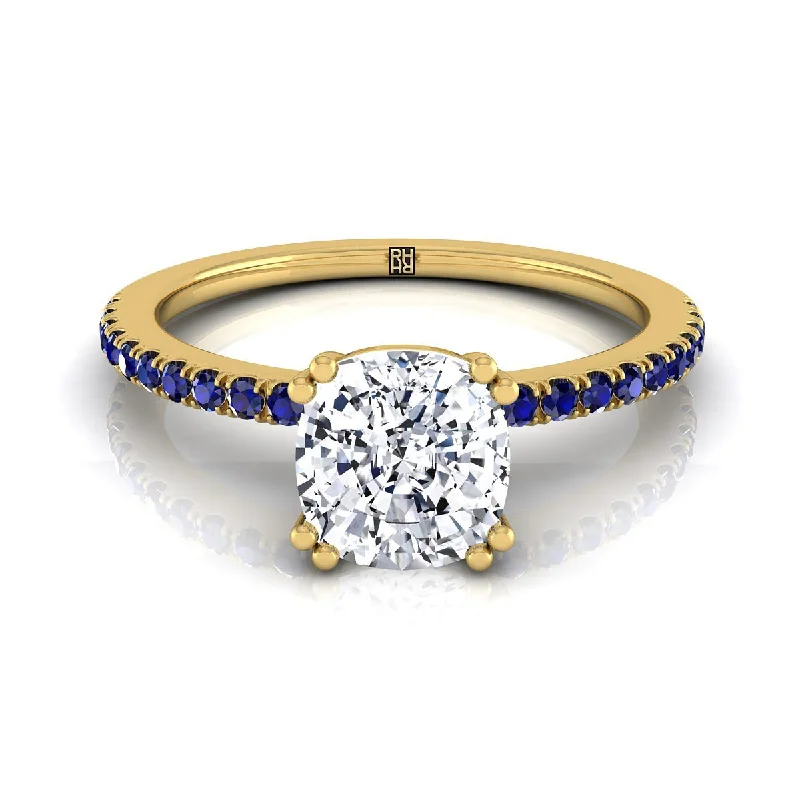 engagement rings with princess-cut diamonds and sapphire accents-14K Yellow Gold Cushion  Simple French Pave Double Claw Prong Diamond Engagement Ring