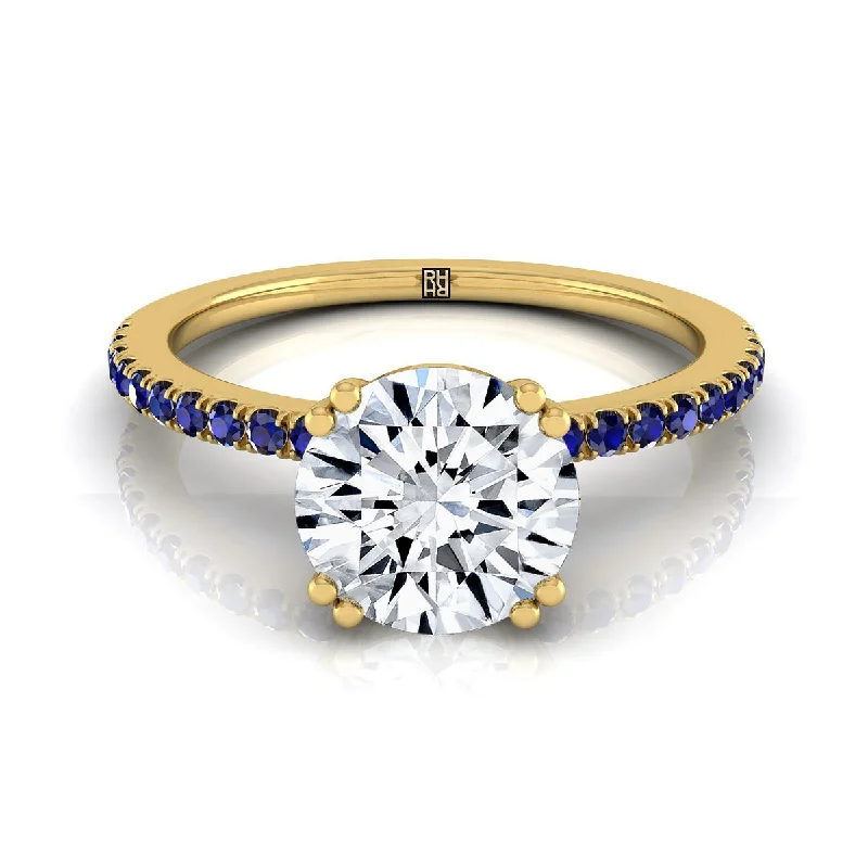 women’s engagement rings with oval sapphires and diamond designs-14K Yellow Gold Round Brilliant  Simple French Pave Double Claw Prong Diamond Engagement Ring