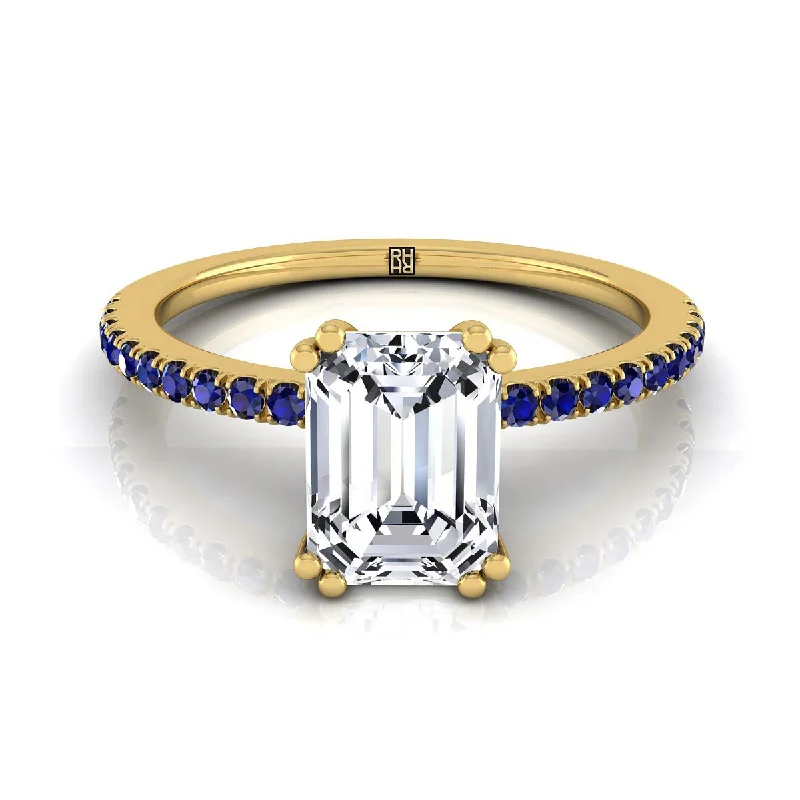 men’s wedding rings with gold and sapphire pave settings-14K Yellow Gold Emerald Cut  Simple French Pave Double Claw Prong Diamond Engagement Ring