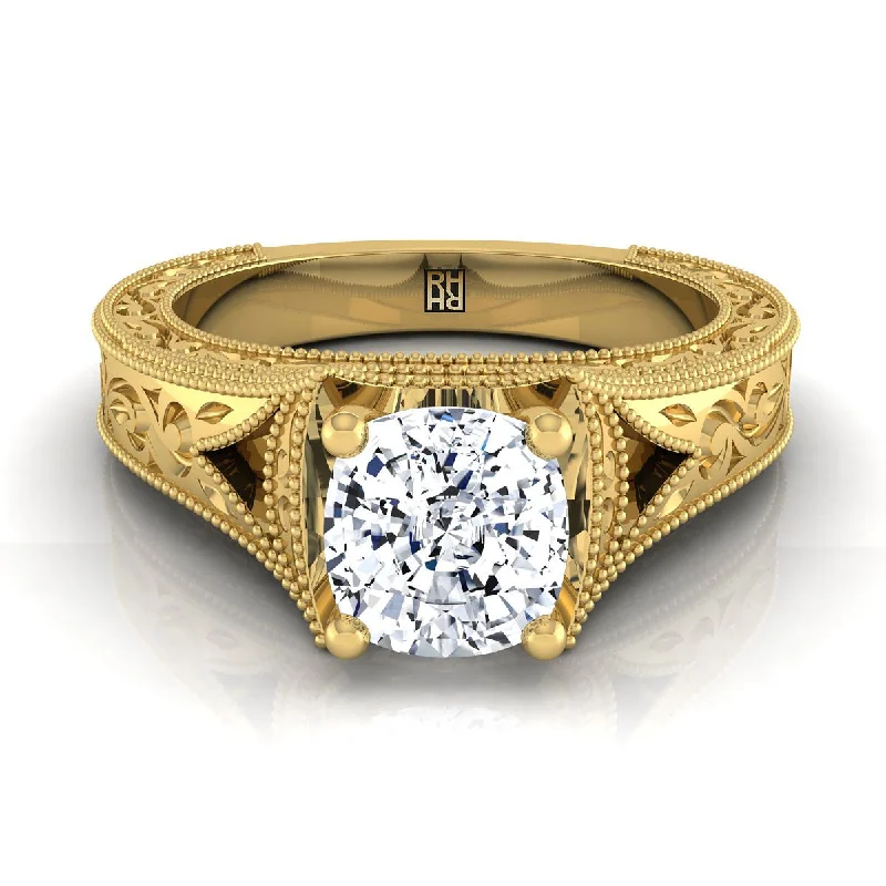 engagement rings with radiant sapphires and diamonds in elegant designs-14K Yellow Gold Cushion  Hand Engraved and Milgrain Vintage Solitaire Engagement Ring