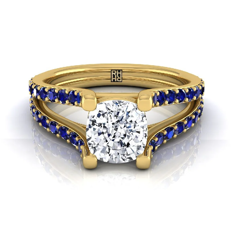 engagement rings with emerald-cut sapphires and diamond pave-14K Yellow Gold Cushion Prong Set Sapphire Split Shank Engagement Ring