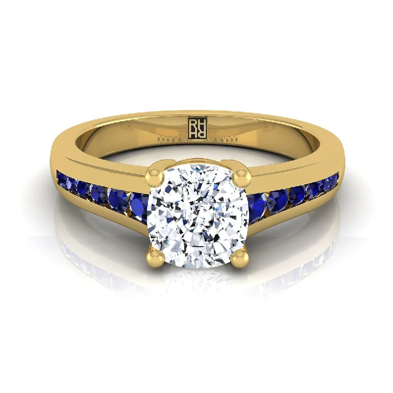 men’s wedding rings with sapphire and ruby details-14K Yellow Gold Cushion Contemporary Tapered Blue Sapphire Channel Engagement Ring