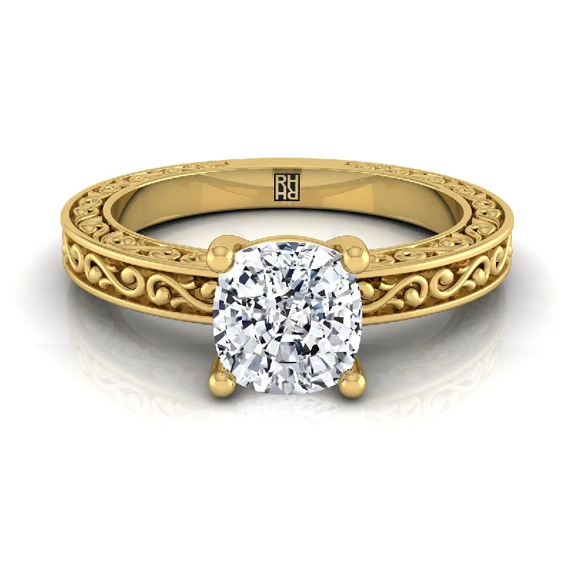 engagement rings with square diamonds and sapphire pave designs-14K Yellow Gold Cushion Hand Engraved Scroll Vintage Solitaire Engagement Ring