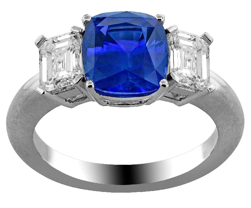 women’s rings with diamonds and sapphires for engagement-Cushion Sapphire & Emerald Cut Diamond Ring