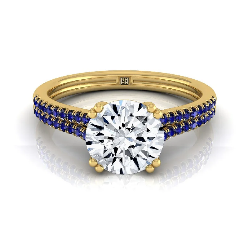 men’s wedding bands with diamond and sapphire center stones-14K Yellow Gold Round Brilliant  Double Row Double Prong French Pave Diamond Engagement Ring