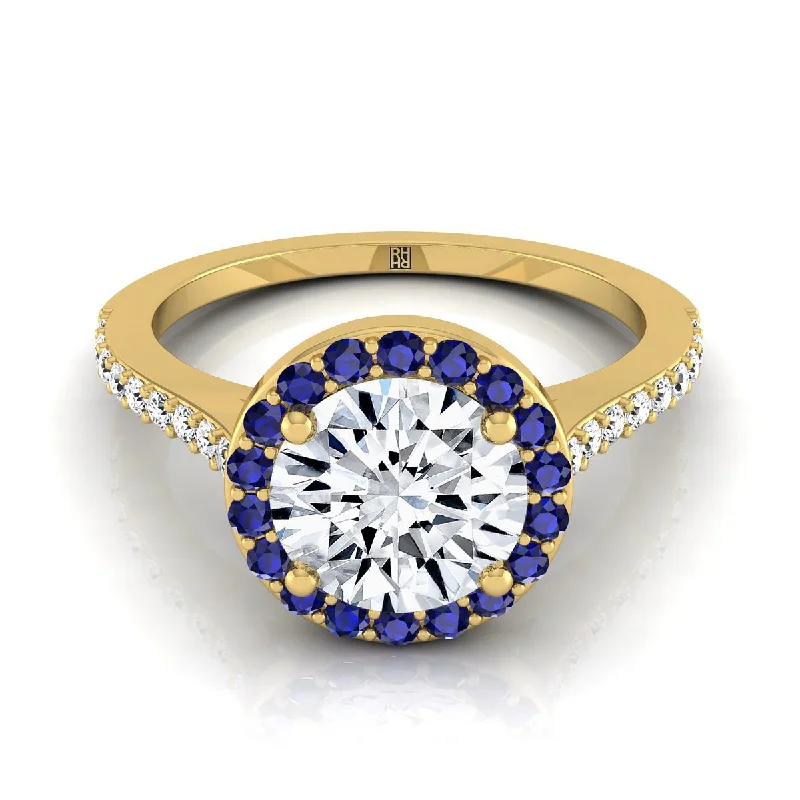 women’s wedding rings with sapphire and diamond pave designs-14K Yellow Gold Round Brilliant Classic French Pave Blue Sapphire Halo and Linear Engagement Ring -1/6ctw