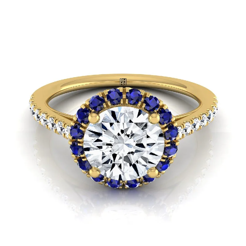 women’s engagement rings with vintage sapphires and diamonds-14K Yellow Gold Round Brilliant Sapphire Petite Halo French Diamond Pave Engagement Ring -1/5ctw