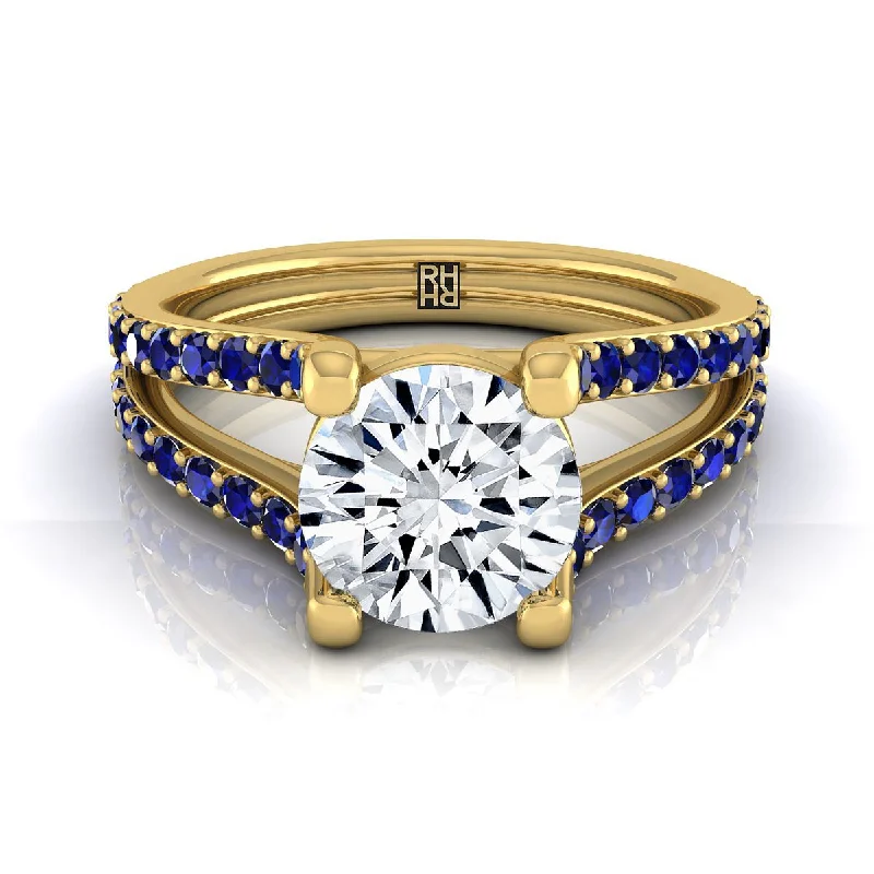 men’s rings with square sapphires and diamonds in unique styles-14K Yellow Gold Round Brilliant Prong Set Sapphire Split Shank Engagement Ring