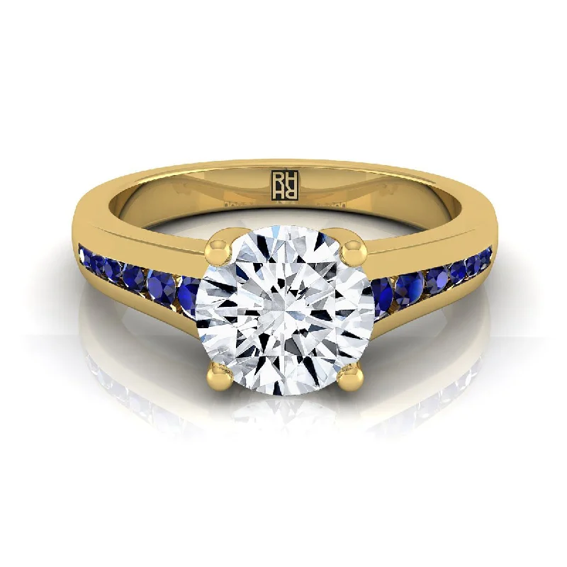 women’s engagement rings with emerald-cut diamonds and sapphires-14K Yellow Gold Round Brilliant Contemporary Tapered Blue Sapphire Channel Engagement Ring