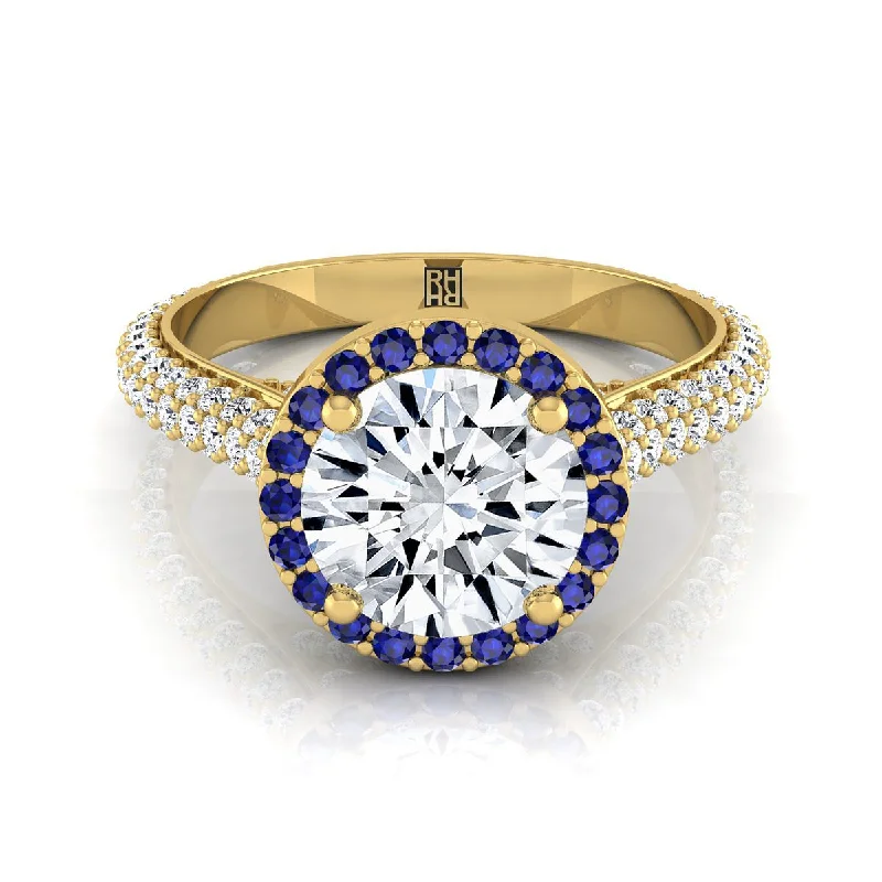 engagement rings with square sapphires and diamond halos-14K Yellow Gold Round Brilliant  Micro-Pavé Halo With Pave Side Diamond Engagement Ring -7/8ctw