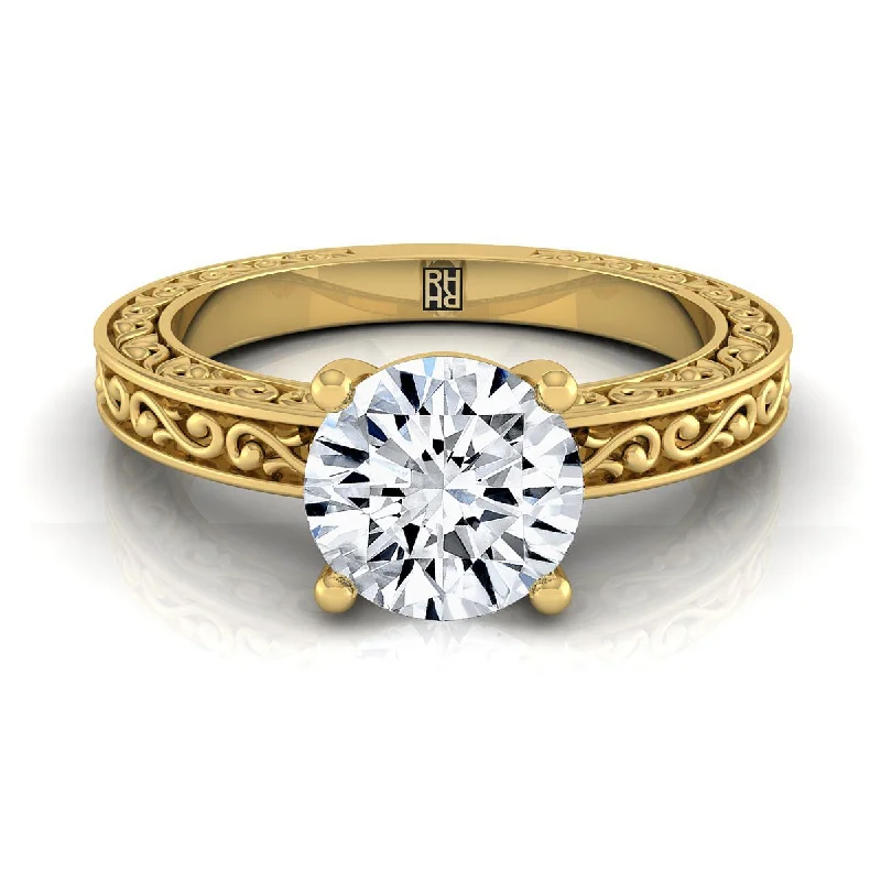 engagement rings with oval diamonds and sapphire pave-14K Yellow Gold Round Brilliant Hand Engraved Scroll Vintage Solitaire Engagement Ring