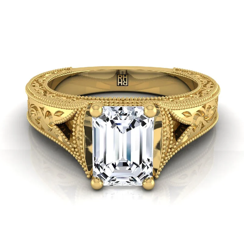 men’s rings with sapphire and diamond settings for weddings-14K Yellow Gold Emerald Cut  Hand Engraved and Milgrain Vintage Solitaire Engagement Ring