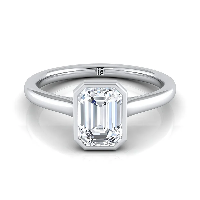 engagement rings with square diamonds and sapphire bands-14K White Gold Emerald Cut  Simple Bezel Solitaire Engagement Ring