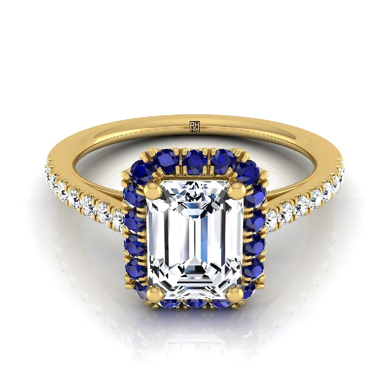 women’s rings with diamonds and sapphires for engagement-14K Yellow Gold Emerald Cut  Petite Halo French Diamond Pave Engagement Ring -1/5ctw