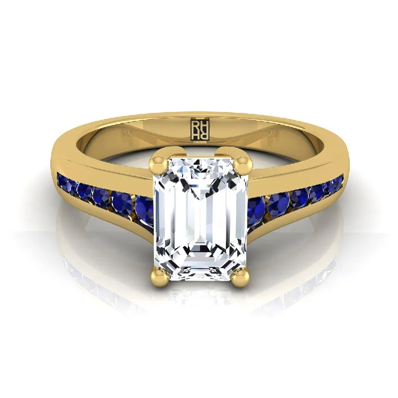 women’s rings with vintage diamonds and sapphire designs-14K Yellow Gold Emerald Cut Contemporary Tapered Blue Sapphire Channel Engagement Ring