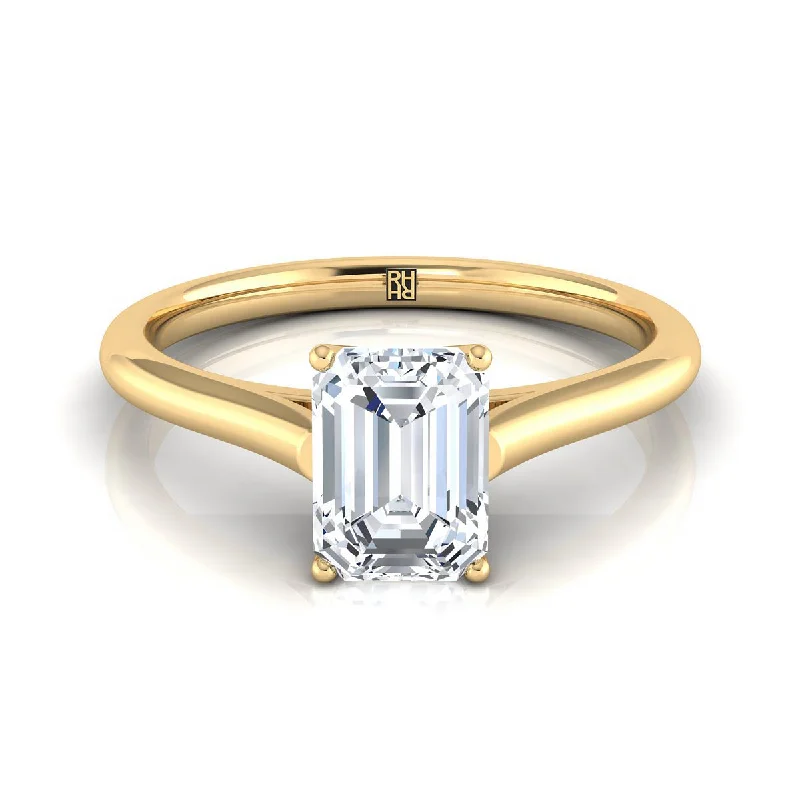 women’s engagement rings with emeralds and sapphires in vintage styles-14K Yellow Gold Emerald Cut  Cathedral Style Comfort Fit Solitaire Engagement Ring