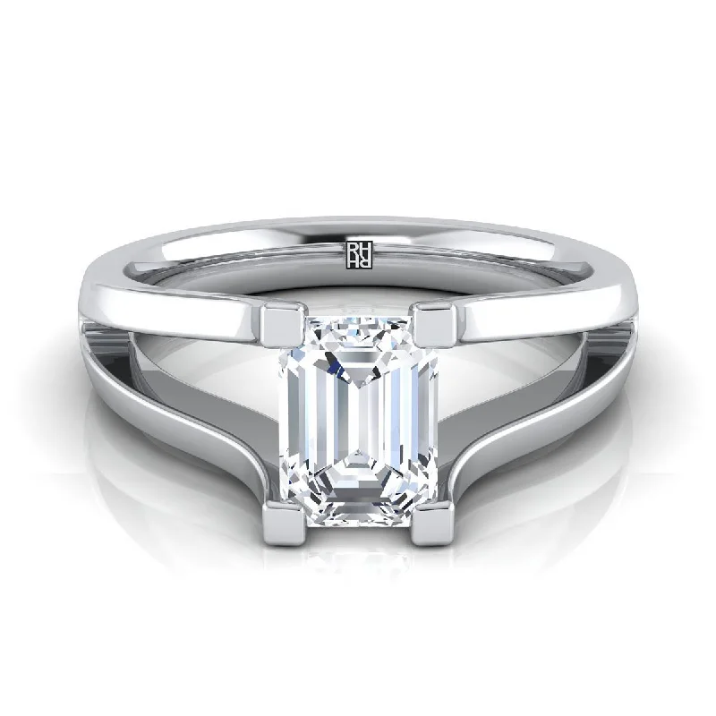 women’s wedding rings with diamond and sapphire pave bands-14K White Gold Emerald Cut  Plain High Polish Split Shank Solitaire Engagement Ring