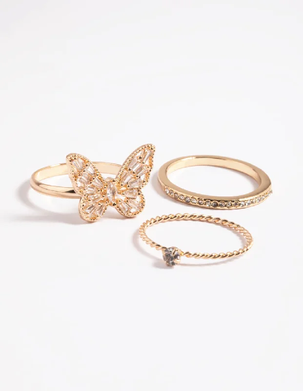 men’s wedding rings with diamonds and emerald pave-Gold Butterfly Ring 3-Pack