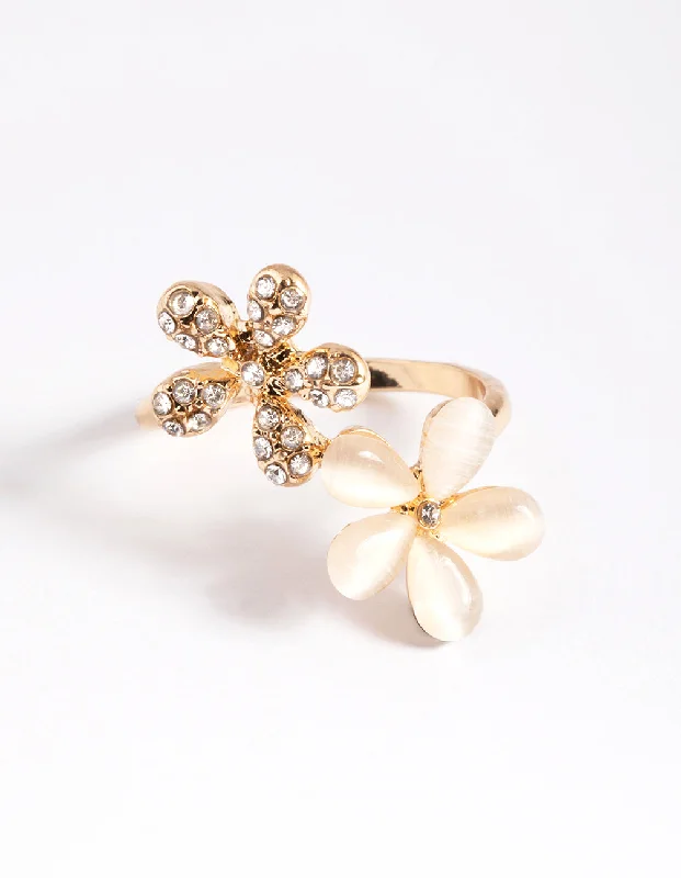 engagement rings with round diamonds and sapphire center stones-Gold Diamante and Cateye Flower Ring