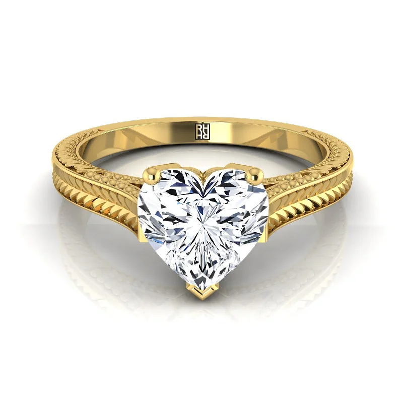 men’s wedding rings with vintage diamonds and sapphires-14K Yellow Gold Heart Shape Center  Hand Engraved Vintage Cathedral Style Solitaire Engagement Ring