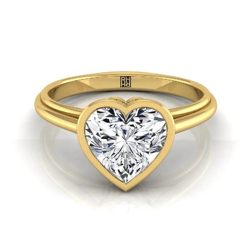 women’s engagement rings with vintage diamonds and sapphires-14K Yellow Gold Heart Shape Center  Bezel Halo Cathedral Solitaire Engagement Ring