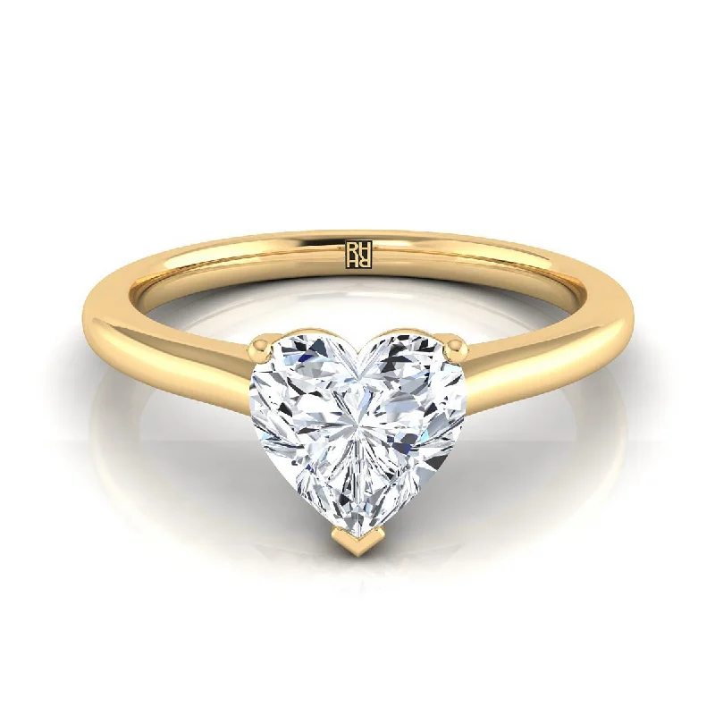 engagement rings with oval sapphires and diamond bands-14K Yellow Gold Heart Shape Center  Pinched Comfort Fit Claw Prong Solitaire Engagement Ring