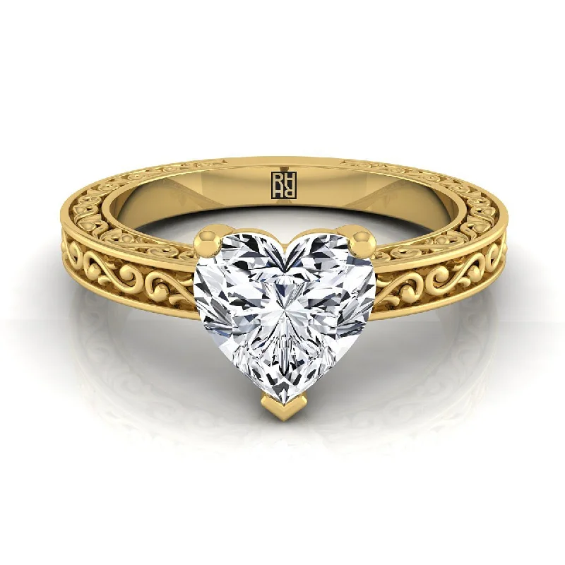 women’s rings with oval diamonds and sapphire settings-14K Yellow Gold Heart Shape Center Hand Engraved Scroll Vintage Solitaire Engagement Ring