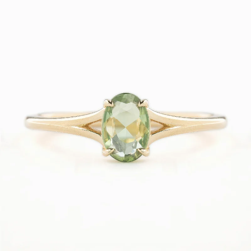 engagement rings with emerald-cut sapphires and diamond pave-Kylie Ring 0.6ct Green Madagascar Sapphire, 14k Yellow Gold (One of a kind)