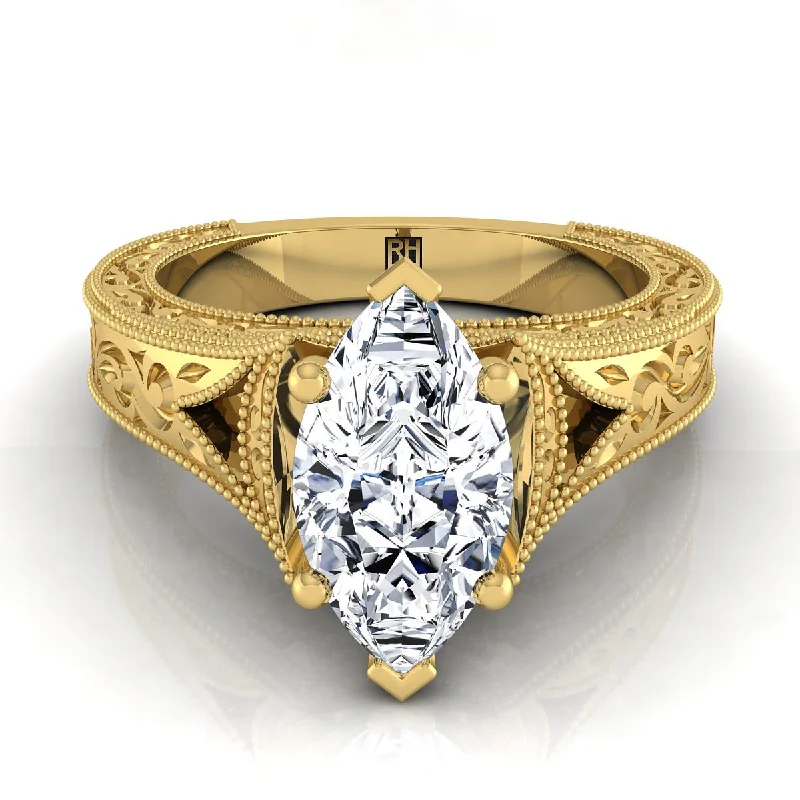 women’s wedding rings with diamond and sapphire combinations-14K Yellow Gold Marquise   Hand Engraved and Milgrain Vintage Solitaire Engagement Ring