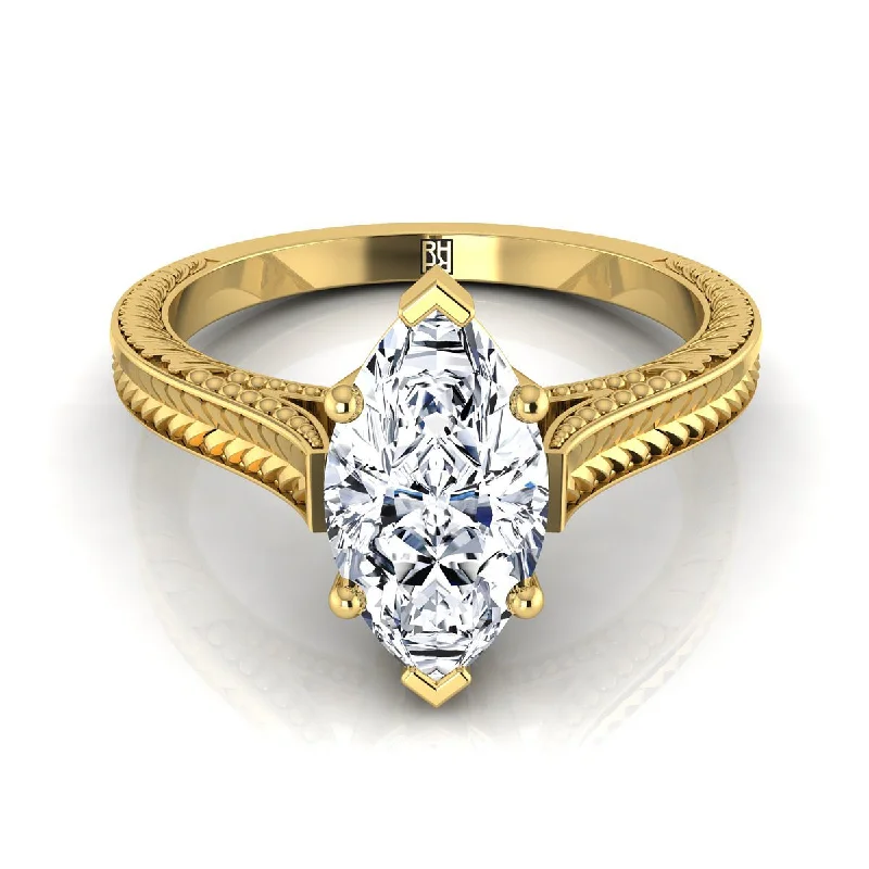 women’s engagement rings with multi-stone diamonds and sapphires-14K Yellow Gold Marquise   Hand Engraved Vintage Cathedral Style Solitaire Engagement Ring