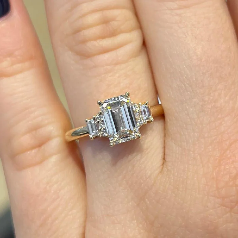 engagement rings with emerald-cut sapphires and diamond bands-2 Carat Emerald Shape Three Stone Moissanite Engagement Ring