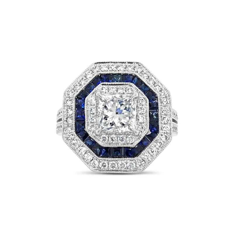 men’s wedding rings with emerald-cut sapphires and diamonds-Octagonal Diamond & Sapphire Right Hand Ring