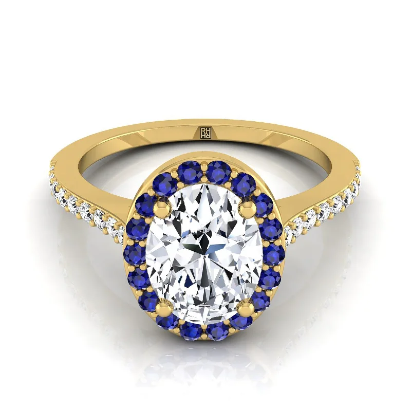 engagement rings with round diamonds and sapphire center stones-14K Yellow Gold Oval Classic French Pave Blue Sapphire Halo and Linear Engagement Ring -1/6ctw