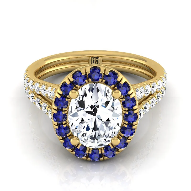 men’s rings with diamonds and sapphire center stones-14K Yellow Gold Oval  French Pave Split Shank Diamond Halo Engagement Ring -3/8ctw