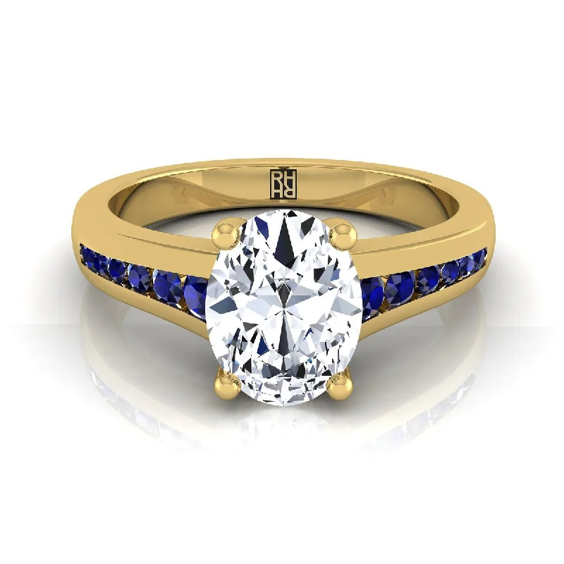 engagement rings with oval sapphires and round diamonds for men-14K Yellow Gold Oval Contemporary Tapered Blue Sapphire Channel Engagement Ring