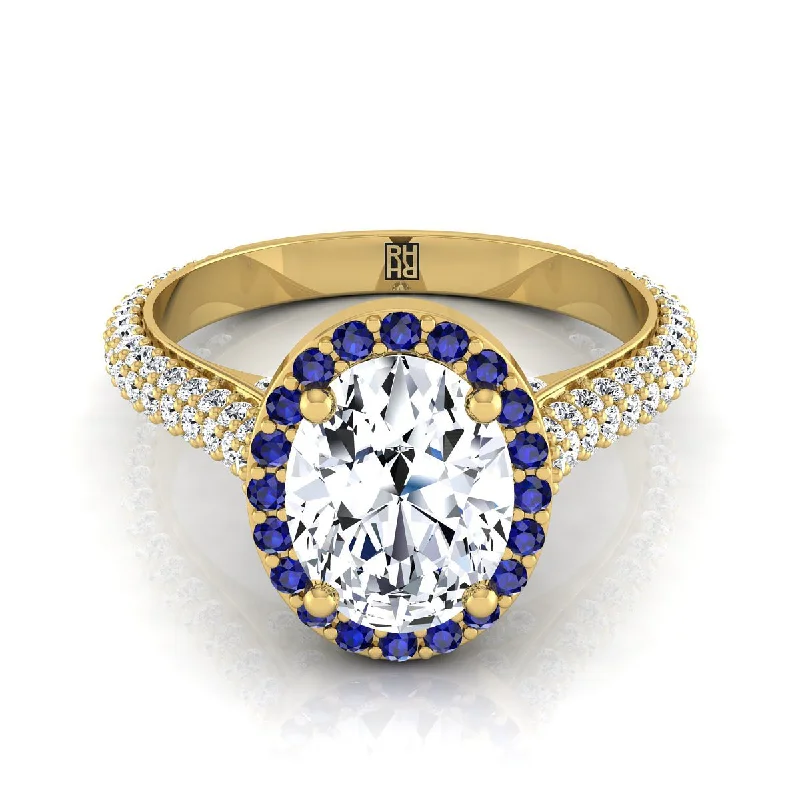 engagement rings with radiant diamonds and sapphire accents-14K Yellow Gold Oval  Micro-Pavé Halo With Pave Side Diamond Engagement Ring -7/8ctw